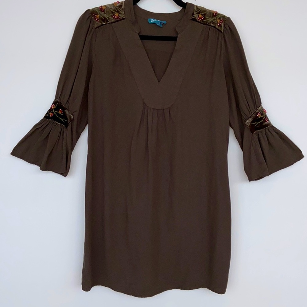 Fleur Bleue Boho Olive Green Tunic Dress with Beading